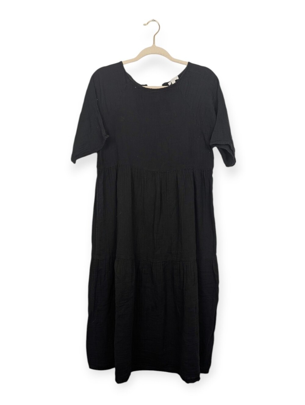Calme Johnny Was Black 100% Cotton Tiered Midi Dress Short Sleeve Size S